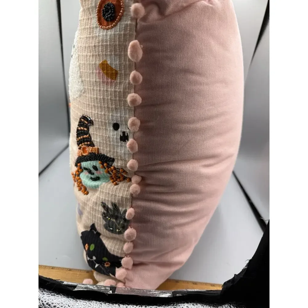 Halloween Beaded Embroidered Throw Pillow Ghost Witch Bat Pumpkin 14” Pom Pom